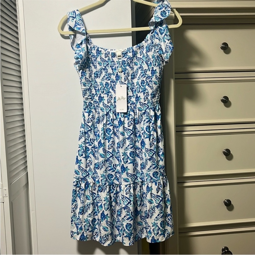 Lilly Pulitzer Jilly Smocked Dress In Resort White Shell Collector Blue White